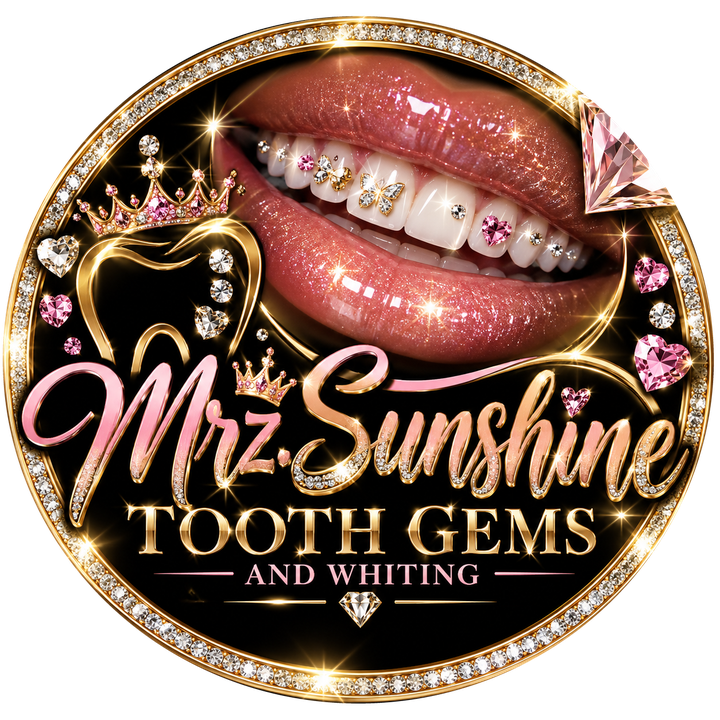 Mrz. Sunshine Tooth Gems logo: glossy lips with crystal and butterfly tooth gems inside a gold, diamond-studded ring